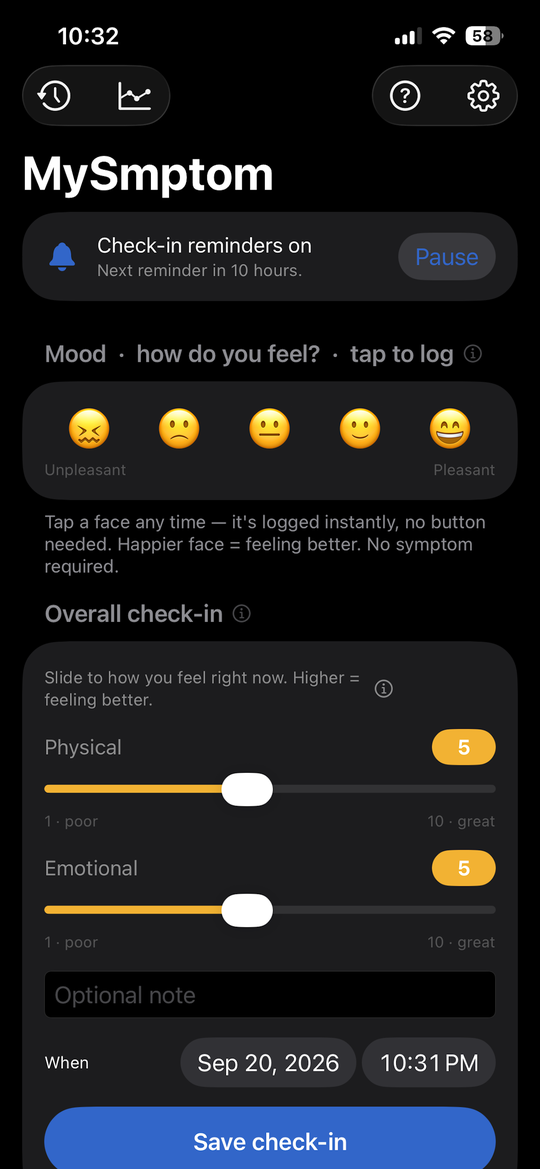 MySmptom home: a row of mood faces and a quick check-in