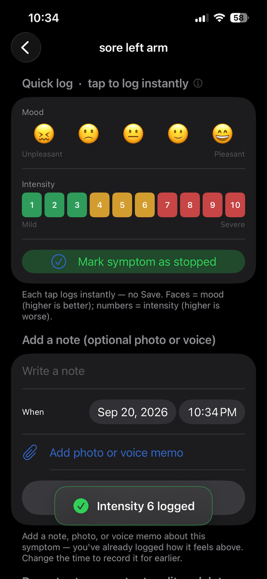 Logging a symptom: tap a 0–10 intensity, add a note, photo or voice