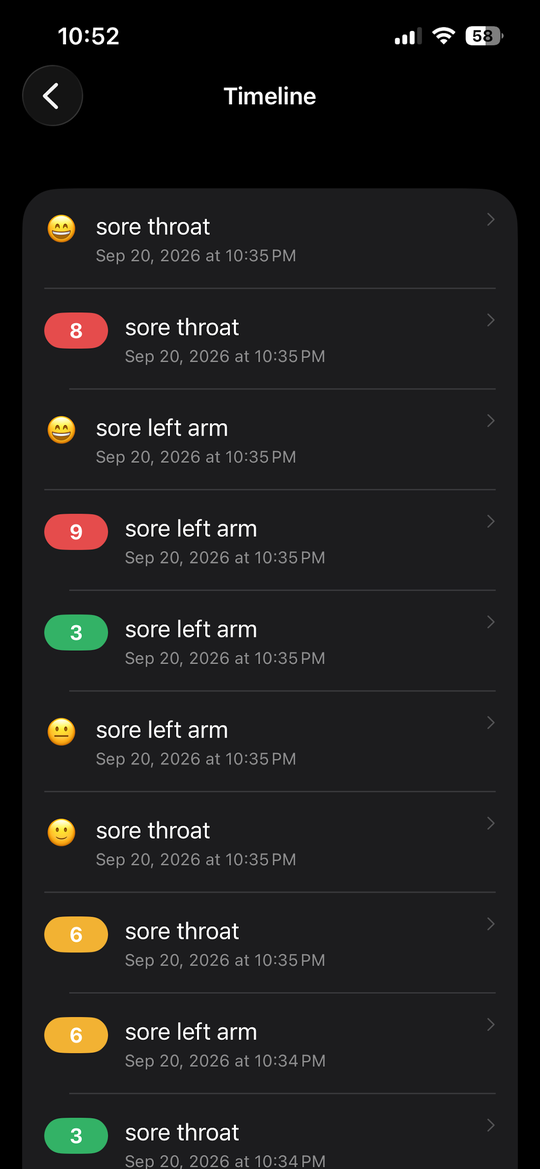 The timeline: every mood and symptom entry in order